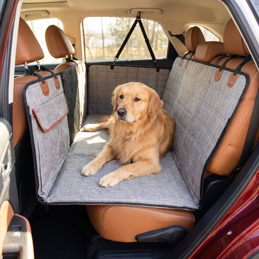Short video of the back seat extender: the empty gap behind the front seats, the extender laid across it as one flat floor, a golden retriever lying on it, the rigid boards sewn inside, the side panels up the doors, and the $89.99 price at the end.